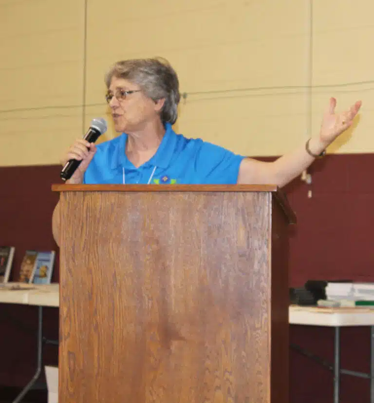 Sister Jacinta Powers gives a presentation on the food packing event on Oct. 26, urging Associates and Sisters to help pack 50,000 meals for malnourished children in foreign countries. Sister Jacinta Powers gives a presentation on the food packing event on Oct. 26, urging Associates and Sisters to help pack 50,000 meals for malnourished children in foreign countries.