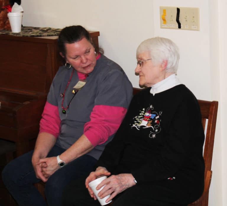 Elaine Foster, left, talks with Sister Mary Matthias Ward, who is retiring as Center director at the end of December. Foster is the longest serving Center employee, spending the last 21 years out of her 30 years at the Mount in housekeeping at the Center.