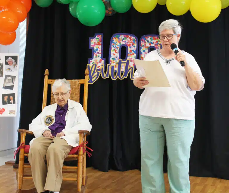 Sister Mary McDermott reads her original poem “A Tear in Her Eye,” written for Sister Marie Bosco. Sister Mary McDermott reads her original poem “A Tear in Her Eye,” written for Sister Marie Bosco.