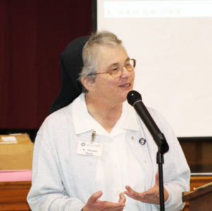 Sister Michael Marie Friedman smiles as she encourages the students. “In our Baptism, we are called to become saints,” she said. “It’s time to start asking, ‘How am I going to live out this call? What is God calling you to be?’”