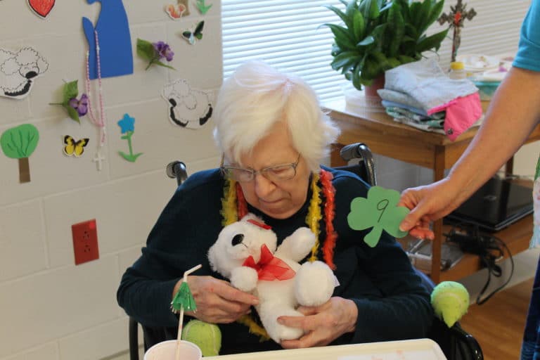 Sister Marie Julie won a teddy bear as her door prize. She loved it!