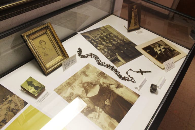 Some of the items from the museum concerning Mother Aloysius are in the display box outside the Archives offices.