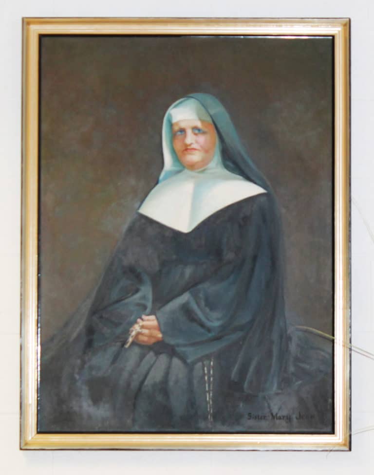 This painting by Sister Mary Jean Cotter hangs in the Mother Aloysius Room. Sister Mary Jean taught art at Mount Saint Joseph Academy, the Mount Saint Joseph Junior College and then Brescia College, where she was chairwoman of the art department until 1969. She died in 1980.