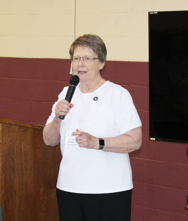 Sister Amelia Stenger, congregational leader, welcomes everyone to Associates and Sisters Day.