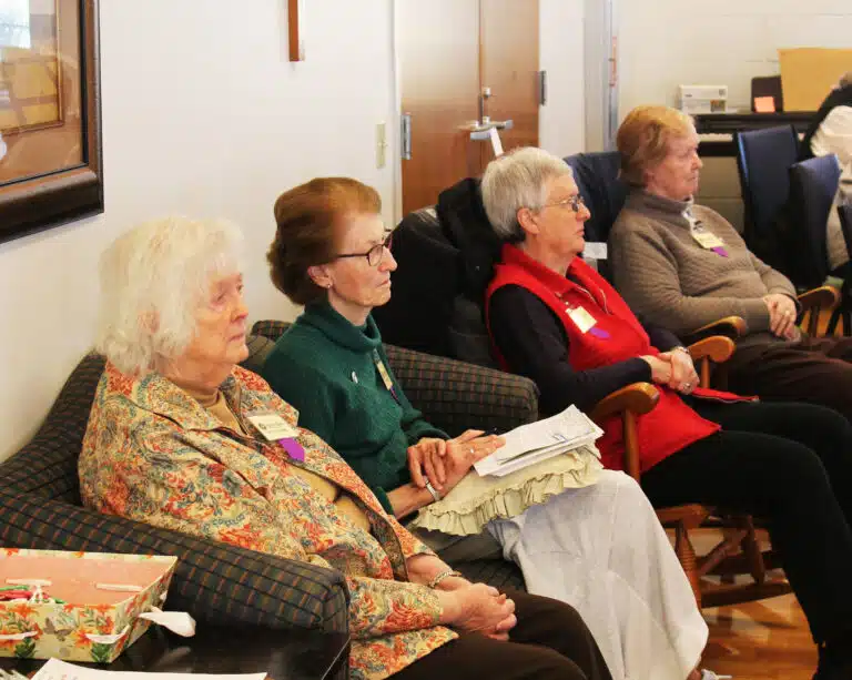 Sisters following along with Father Burke’s talk are, from left, Sisters Vivian Bowles, Claudia Hayden, Rita Scott, and Helena Fischer. “I tell my seminarians, if you’re going to gain wisdom, you need to be reflective, prayerful, especially on the experiences you define as bad,” Father Burke said. Sisters following along with Father Burke’s talk are, from left, Sisters Vivian Bowles, Claudia Hayden, Rita Scott, and Helena Fischer. “I tell my seminarians, if you’re going to gain wisdom, you need to be reflective, prayerful, especially on the experiences you define as bad,” Father Burke said.