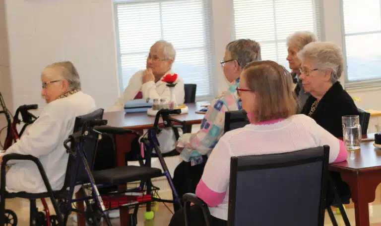 Sisters listening to Father Burke are, from left, Sisters Ruth Gehres, Karla Kaelin, Joyce Marie Cecil, Rebecca White, Joan Riedley and Nancy Murphy. “Hope means we are not yet totally fulfilled,” Father Burke said. “Hope is our reaching out for that destiny, to realize who we are in the present situation.” Sisters listening to Father Burke are, from left, Sisters Ruth Gehres, Karla Kaelin, Joyce Marie Cecil, Rebecca White, Joan Riedley and Nancy Murphy. “Hope means we are not yet totally fulfilled,” Father Burke said. “Hope is our reaching out for that destiny, to realize who we are in the present situation.”