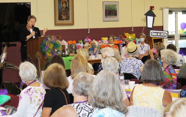 Sister Amelia Stenger, congregational leader of the Ursuline Sisters, talks during the business meeting about the decision to deconstruct the former Mount Saint Joseph Academy buildings.