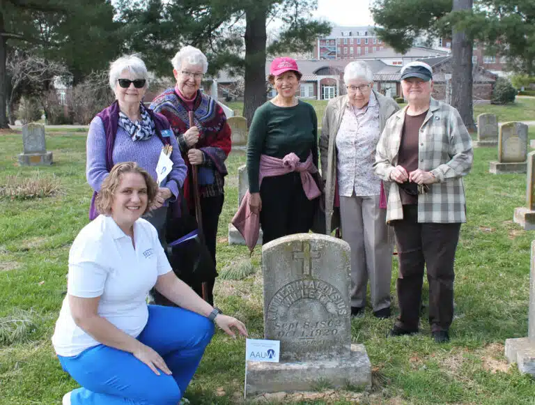 Members of the American Association of University Women join some Ursuline Sisters as they gather around the grave of Mother Aloysius Willett, who led the Ursuline Sisters to become an independent community in 1912. Kneeling is Sagan Storm, the director of Institutional Research at Brescia University. Standing from left are Judy Adams, Sister Michele Morek, Edna Murphey, Sister Ruth Gehres and Sister Suzanne Sims. Members of the American Association of University Women join some Ursuline Sisters as they gather around the grave of Mother Aloysius Willett, who led the Ursuline Sisters to become an independent community in 1912. Kneeling is Sagan Storm, the director of Institutional Research at Brescia University. Standing from left are Judy Adams, Sister Michele Morek, Edna Murphey, Sister Ruth Gehres and Sister Suzanne Sims.
