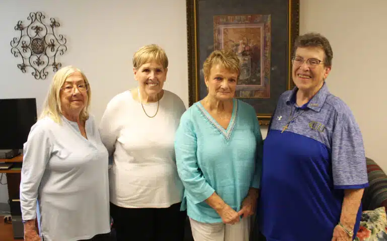 From left, Maureen Schertzer, Leanne Robertson, and Aline Barbeau join Sister Sharon Sullivan in the visitor room of Saint Joseph Villa on June 29, 2025. The women all live in Arizona. From left, Maureen Schertzer, Leanne Robertson, and Aline Barbeau join Sister Sharon Sullivan in the visitor room of Saint Joseph Villa on June 29, 2025. The women all live in Arizona.