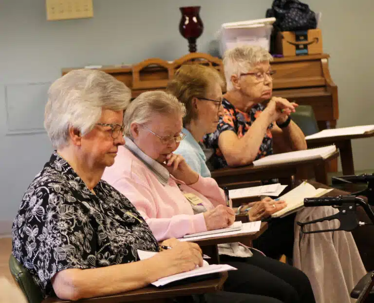 From left, Sister Mary Timothy Bland, Sister Marie Joseph Coomes, Sister Claudia Hayden, and Sister Jane Falke reflect on Jan Novotka’s request to “write from a place of emptiness.” From left, Sister Mary Timothy Bland, Sister Marie Joseph Coomes, Sister Claudia Hayden, and Sister Jane Falke reflect on Jan Novotka’s request to “write from a place of emptiness.”
