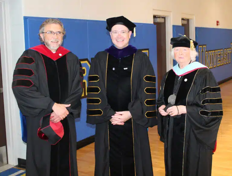The past 30 years of Brescia presidents gathered in the Brescia gym prior to the festivities. From left are Father Larry Hostetter (president from 2007-2025), Madison Silvert, the new president, and Sister Vivian Bowles, president from 1995-2007. The past 30 years of Brescia presidents gathered in the Brescia gym prior to the festivities. From left are Father Larry Hostetter (president from 2007-2025), Madison Silvert, the new president, and Sister Vivian Bowles, president from 1995-2007.