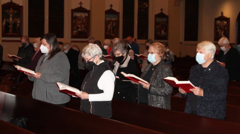More Ursuline Sisters join in the singing. From left are Sisters Monica Seaton, Pam Mueller, Margaret Ann Aull, Rosanne Spalding and Suzanne Sims.