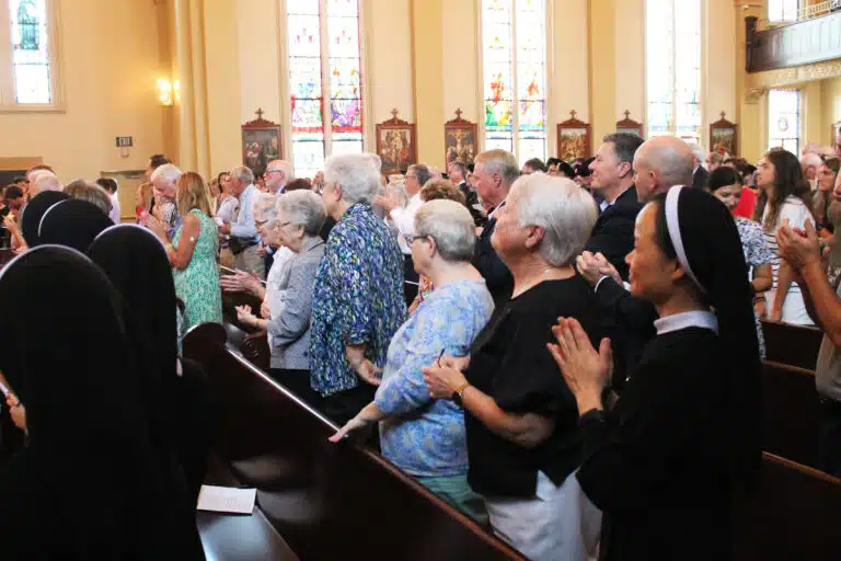 Ursuline Sisters listening to Father Larry Hostetter’s benediction include, second from right, Sister Suzanne Sims, Sister Mary McDermott, Sister Michele Morek, Sister Nancy Murphy, and Sister Ann Patrice Cecil. Ursuline Sisters listening to Father Larry Hostetter’s benediction include, second from right, Sister Suzanne Sims, Sister Mary McDermott, Sister Michele Morek, Sister Nancy Murphy, and Sister Ann Patrice Cecil.