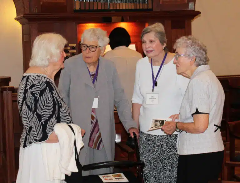 Classmates from the graduating class of 1957 – from left, Sister Vivian Bowles, Virginia “Ginger” Ford Green, Lila Green Gehrke and Sister Ann Patrice Cecil – chat before the alumnae Mass. Classmates from the graduating class of 1957 – from left, Sister Vivian Bowles, Virginia “Ginger” Ford Green, Lila Green Gehrke and Sister Ann Patrice Cecil – chat before the alumnae Mass.