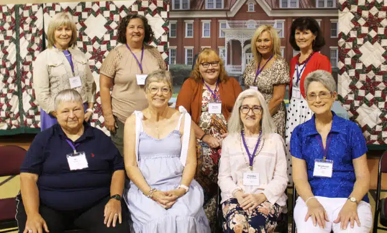 The outgoing Alumnae Association officers and the incoming Executive Board gathered for a photo. In the first row are the officers departing – from left, Mary Danhauer A’71, secretary; Paula Chandler Gray A’73, treasurer; Jenny Speaks McGee A’70, vice president; and Stephanie Warren A’73, president. In the back row from left are the new Executive Board, Vickie Bickett Groce A’74, Alicia Cecil Harrington A’82, Brenda Basham Lee A’82, Lisa Calhoun Mulligan A’75, and Carolyn Sue Cecil A’73. The outgoing Alumnae Association officers and the incoming Executive Board gathered for a photo. In the first row are the officers departing – from left, Mary Danhauer A’71, secretary; Paula Chandler Gray A’73, treasurer; Jenny Speaks McGee A’70, vice president; and Stephanie Warren A’73, president. In the back row from left are the new Executive Board, Vickie Bickett Groce A’74, Alicia Cecil Harrington A’82, Brenda Basham Lee A’82, Lisa Calhoun Mulligan A’75, and Carolyn Sue Cecil A’73.