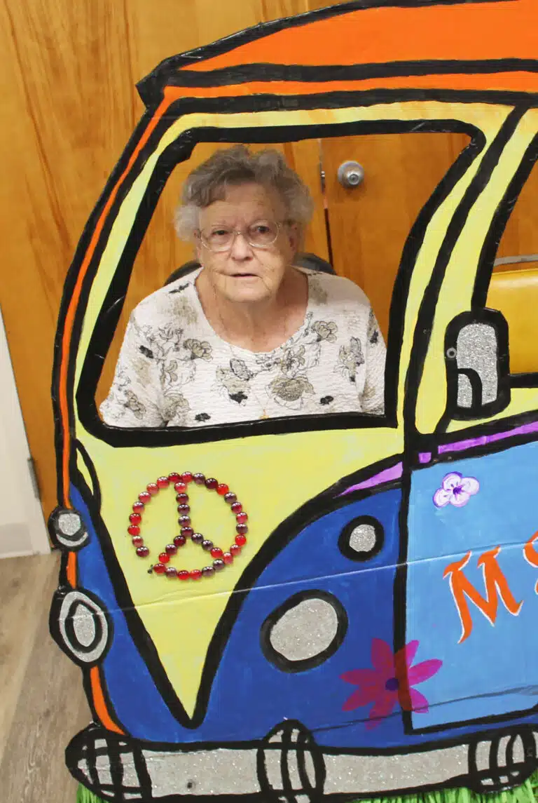 Patty Bartley Wink A’54 is the last one on the bus. Patty Bartley Wink A’54 is the last one on the bus.