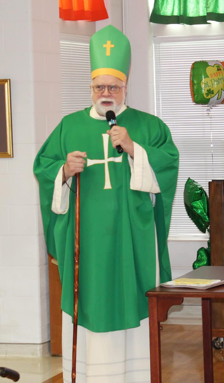 Saint Patrick – aka Father Ray Goetz – shares some facts about the Irish saint with the Sisters in the Villa.