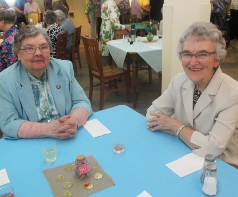 Sister Paul Marie Greenwell, left, and Sister Ann Patrice Cecil are all dressed up to attend the Mass honoring the sisters celebrating jubilees on Sunday, July 14.