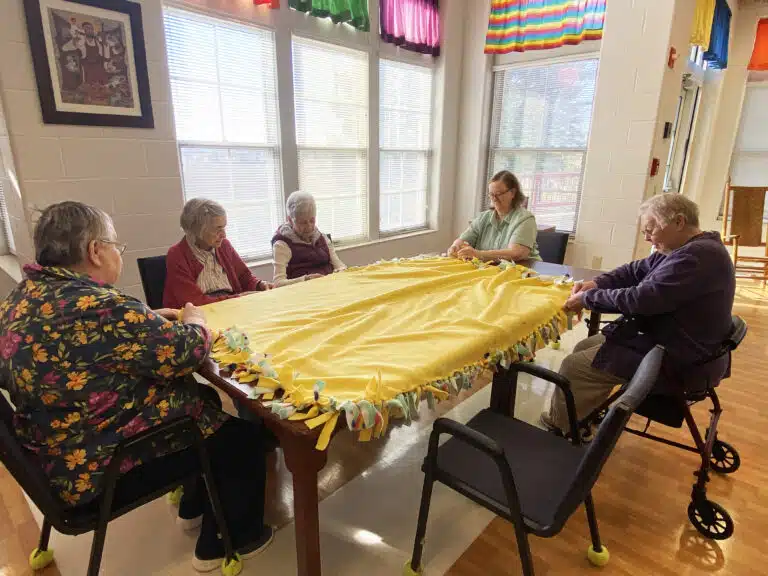 The 15th and final blanket was made by some Sisters in the Villa, some of whom could not work comfortably in Maple Hall. From left are Sister Joyce Marie Cecil, Sister Mary Gerald Payne, Sister Joan Riedley, Sister Rebecca White and Sister Marie Joseph Coomes. The 15th and final blanket was made by some Sisters in the Villa, some of whom could not work comfortably in Maple Hall. From left are Sister Joyce Marie Cecil, Sister Mary Gerald Payne, Sister Joan Riedley, Sister Rebecca White and Sister Marie Joseph Coomes.