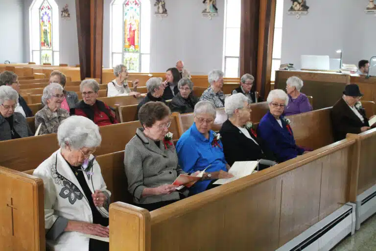 Some of the jubilarians present prepare for the celebration. In the front row from left are Ursuline Sisters Elaine Burke (75 years), Mary Henning (60 years), Emma Anne Munsterman (60 years), Ann McGrew (60 years), and Barbara Jean Head (60 years), as well as Franciscan Sister Lucy Bonifas (70 years). Other Ursuline Sisters were there for support. Some of the jubilarians present prepare for the celebration. In the front row from left are Ursuline Sisters Elaine Burke (75 years), Mary Henning (60 years), Emma Anne Munsterman (60 years), Ann McGrew (60 years), and Barbara Jean Head (60 years), as well as Franciscan Sister Lucy Bonifas (70 years). Other Ursuline Sisters were there for support.