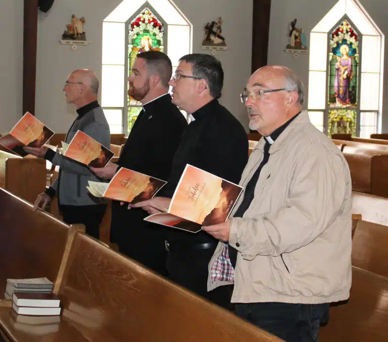 Four diocesan priests joined the sisters for the ceremony. From left are Father Jerry Riney, who is celebrating 50 years as a priest this year; Father Corey Bruns, the vocation director for the diocese; Father Daniel Dillard, pastor at St. Martin Church; and Father Pat Reynolds, pastor of Our Lady of Lourdes Church. Four diocesan priests joined the sisters for the ceremony. From left are Father Jerry Riney, who is celebrating 50 years as a priest this year; Father Corey Bruns, the vocation director for the diocese; Father Daniel Dillard, pastor at St. Martin Church; and Father Pat Reynolds, pastor of Our Lady of Lourdes Church.