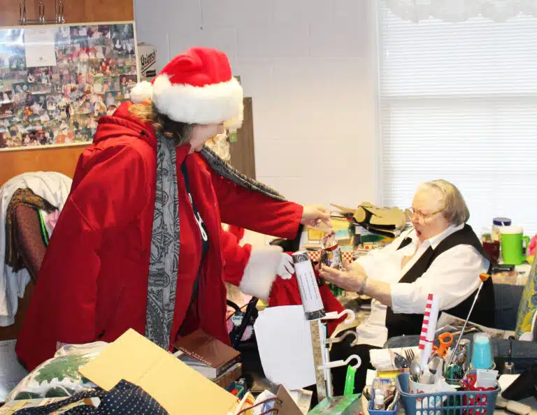 Sister Catherine Marie Lauterwasser is shocked to get such a present from Mary Ann Carr.