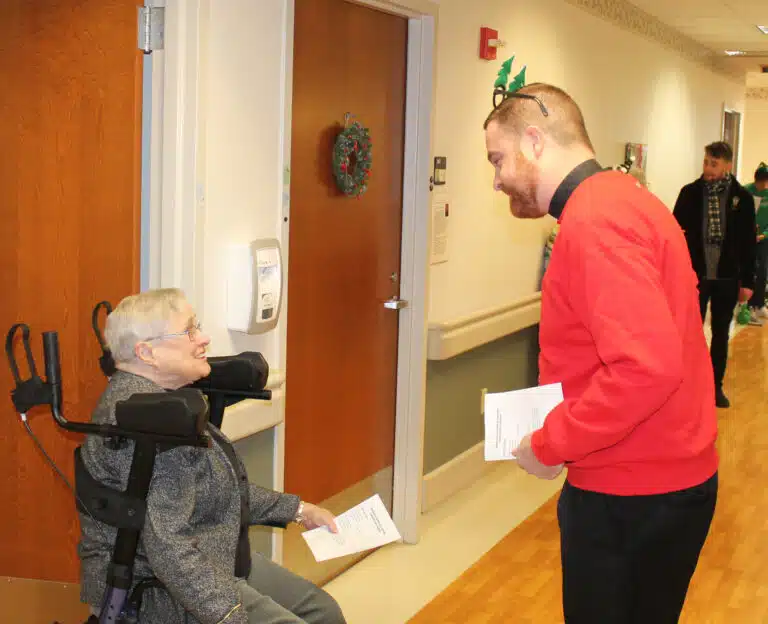 Sister Karla Kaelin chats with Father Corey Bruns, the director of Vocations for the diocese.