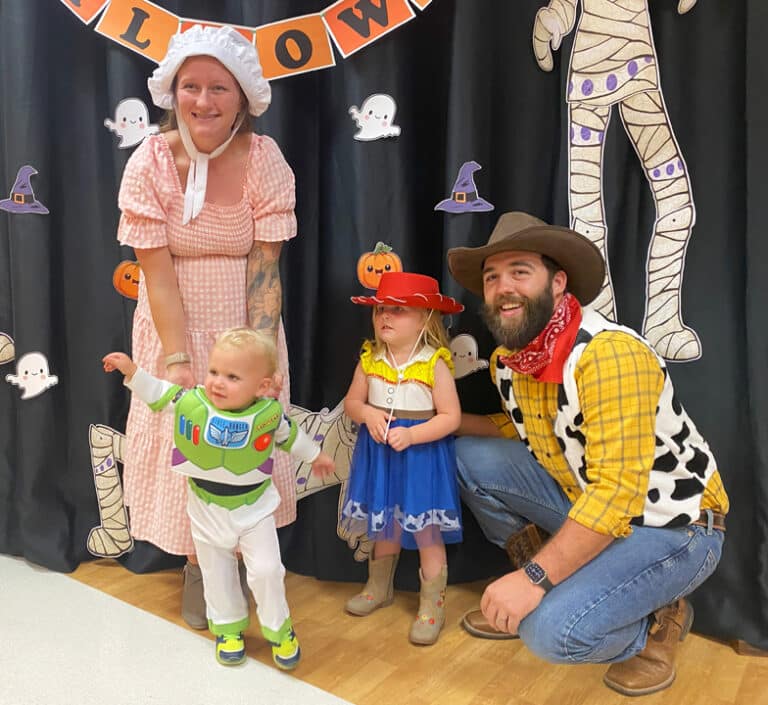 Jenny Lageson’s son and family portray “Toy Story 2” characters. From left are Brittney, Theron, Hattie, and Alex Johnson.