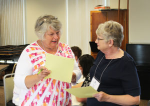 Participants were urged to find someone they didn’t know and talk one on one about a phrase or word in the handout that moved them. At left is Associate Delores Turnage, of Owensboro, talking with Associate Lois Bell of Paducah, Ky.