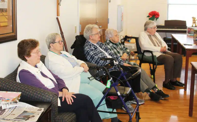 Several of the Sisters gathered to listen to Silvert’s presentation. From left are Sister Mary Henning, Sister Mary McDermott, Sister Michele Morek, Sister Angela Fitzpatrick and Sister Ruth Gehres. All of these Sisters other than Sister Angela previously served at Brescia. Several of the Sisters gathered to listen to Silvert’s presentation. From left are Sister Mary Henning, Sister Mary McDermott, Sister Michele Morek, Sister Angela Fitzpatrick and Sister Ruth Gehres. All of these Sisters other than Sister Angela previously served at Brescia.