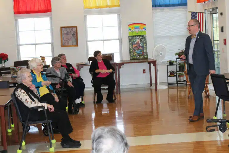 Madison Silvert gives an update on Brescia University in Saint Joseph Villa. From the left are Sister Ann Patrice Cecil, Sister Mary Matthias Ward, Sister Margaret Ann Aull, Sister Rose Jean Powers, and Amy Fogle-Stiff, director of Local Community Life. Both Sister Ann Patrice and Sister Rose Jean previously served at Brescia. Madison Silvert gives an update on Brescia University in Saint Joseph Villa. From the left are Sister Ann Patrice Cecil, Sister Mary Matthias Ward, Sister Margaret Ann Aull, Sister Rose Jean Powers, and Amy Fogle-Stiff, director of Local Community Life. Both Sister Ann Patrice and Sister Rose Jean previously served at Brescia.