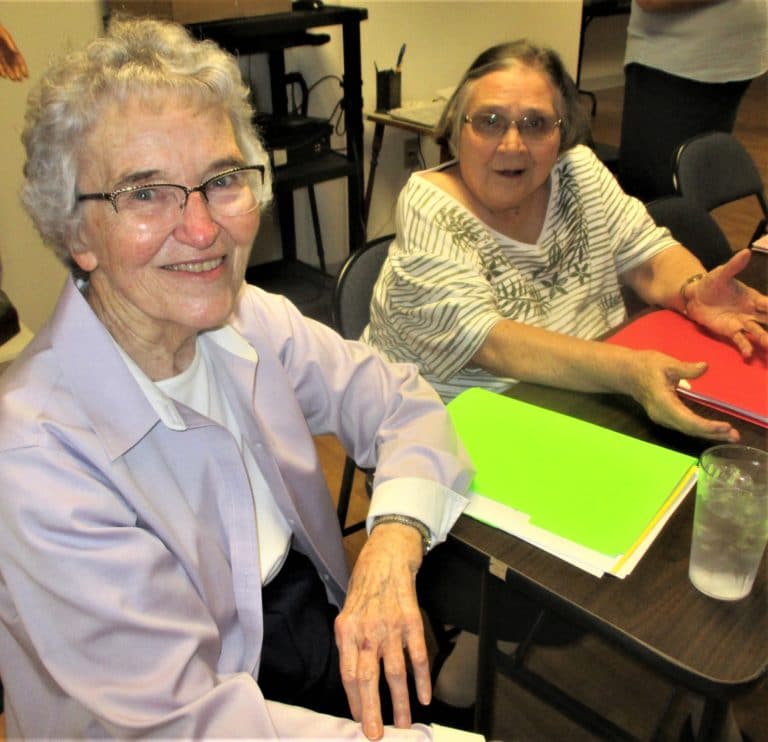 Sister Ann Patrice Cecil, left, and Sister Lois Lindle are ready to move on to the next topic.