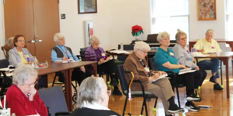 Those taking notes of Brother Zachary’s talk are, from right, Sisters Emma Anne Munsterman, Betsy Moyer, Pam Mueller, George Mary Hagan, Angela Fitzpatrick, Mary Matthias Ward, and Susan Mary Mudd. In the foreground are Sister Pat Rhoten and Sister Catherine Marie Lauterwasser. Those taking notes of Brother Zachary’s talk are, from right, Sisters Emma Anne Munsterman, Betsy Moyer, Pam Mueller, George Mary Hagan, Angela Fitzpatrick, Mary Matthias Ward, and Susan Mary Mudd. In the foreground are Sister Pat Rhoten and Sister Catherine Marie Lauterwasser.