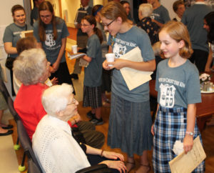 Sister Clarita Browning, right, and Sister Francis Louise Johnson tell these camp members how much they enjoyed their performance.