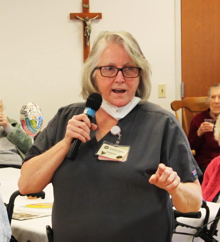 Barbara Ervin, a nurse in Saint Joseph Villa, said Sister Marie used to bring her a cup of coffee every day. Barbara was amazed at Sister Marie’s exercise regimen every morning.