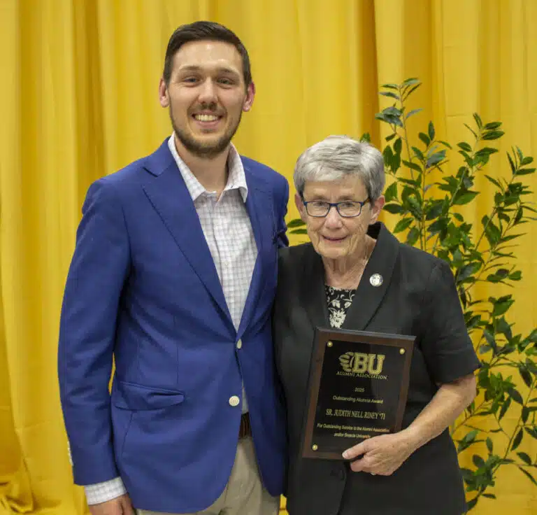 Sister Judith Nell Riney poses with Cameron Robinson, Brescia University’s Alumni Association president. Sister Judith Nell was given the Outstanding Alumna award from the Alumni Association during Brescia’s Laurel Awards on April 26, 2025. Sister Judith Nell Riney poses with Cameron Robinson, Brescia University’s Alumni Association president. Sister Judith Nell was given the Outstanding Alumna award from the Alumni Association during Brescia’s Laurel Awards on April 26, 2025.