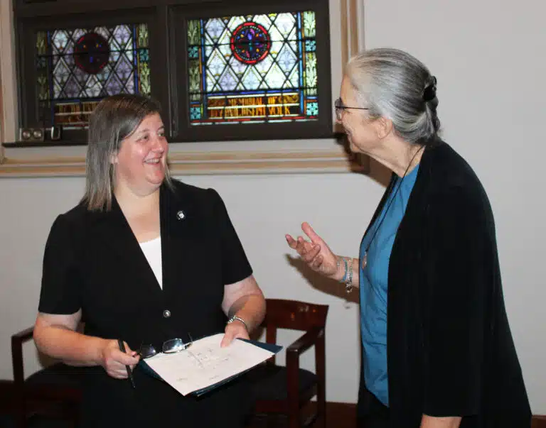 Sister Monica Seaton, left, laughs with Sister Larraine Lauter before the ceremony. Sister Monica has served as a councilor the past four years, while Sister Larraine is new to the Council. Sister Monica Seaton, left, laughs with Sister Larraine Lauter before the ceremony. Sister Monica has served as a councilor the past four years, while Sister Larraine is new to the Council.