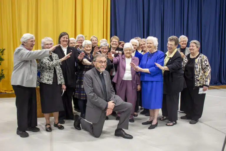 Many Ursuline Sisters came to the Laurel Awards to support Sister Judith Nell, but they also gave Father Larry Hostetter a prayerful – and comical – send off. Father Larry, who is an Ursuline Associate, stepped down as Brescia’s fifth president this spring. Many Ursuline Sisters came to the Laurel Awards to support Sister Judith Nell, but they also gave Father Larry Hostetter a prayerful – and comical – send off. Father Larry, who is an Ursuline Associate, stepped down as Brescia’s fifth president this spring.