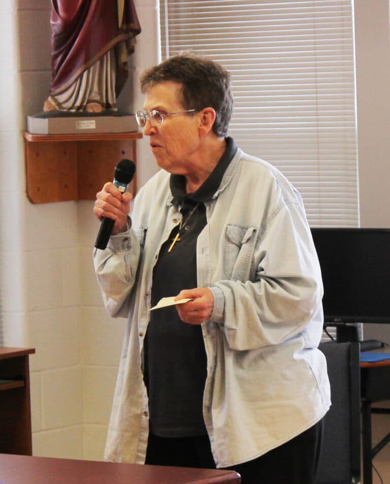 The goodbye celebration for Sister Jacinta began with Sister Sharon Sullivan, congregational leader, asking for prayers. “She is about to embark on a perilous journey, one of discernment,” Sister Sharon said. The goodbye celebration for Sister Jacinta began with Sister Sharon Sullivan, congregational leader, asking for prayers. “She is about to embark on a perilous journey, one of discernment,” Sister Sharon said.