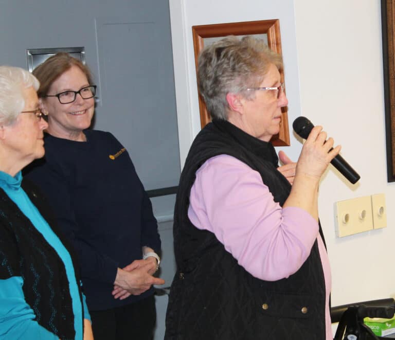 The farewell party was a surprise for Sister Jacinta, which required two of her close friends who serve in Owensboro, Sister Barbara Jean Head, left, and Sister Betsy Moyer, right, to hide until the party began. Sister Betsy said, “Thank you for being a gift to me during all the times I needed to go through something as a religious or a nurse.” In the middle is staff nurse Geri Jones. The farewell party was a surprise for Sister Jacinta, which required two of her close friends who serve in Owensboro, Sister Barbara Jean Head, left, and Sister Betsy Moyer, right, to hide until the party began. Sister Betsy said, “Thank you for being a gift to me during all the times I needed to go through something as a religious or a nurse.” In the middle is staff nurse Geri Jones.