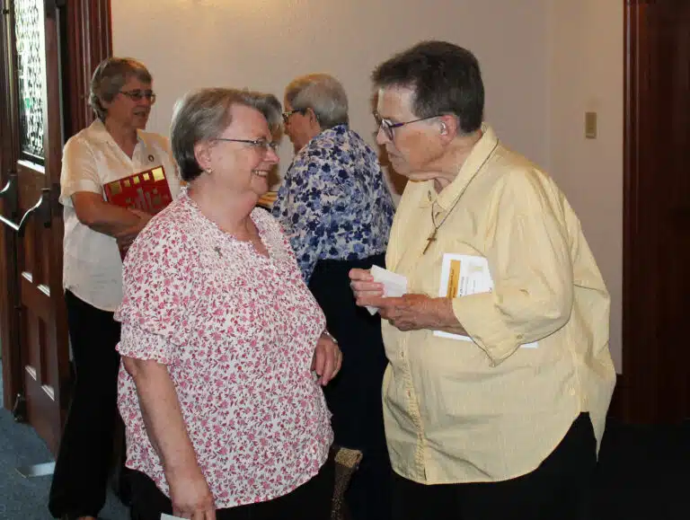 Sister Sharon Sullivan, right, talks with Sister Rita Ann Wigginton, who is vice president of the Ursuline Sisters of Louisville. Sister Sharon Sullivan, right, talks with Sister Rita Ann Wigginton, who is vice president of the Ursuline Sisters of Louisville.