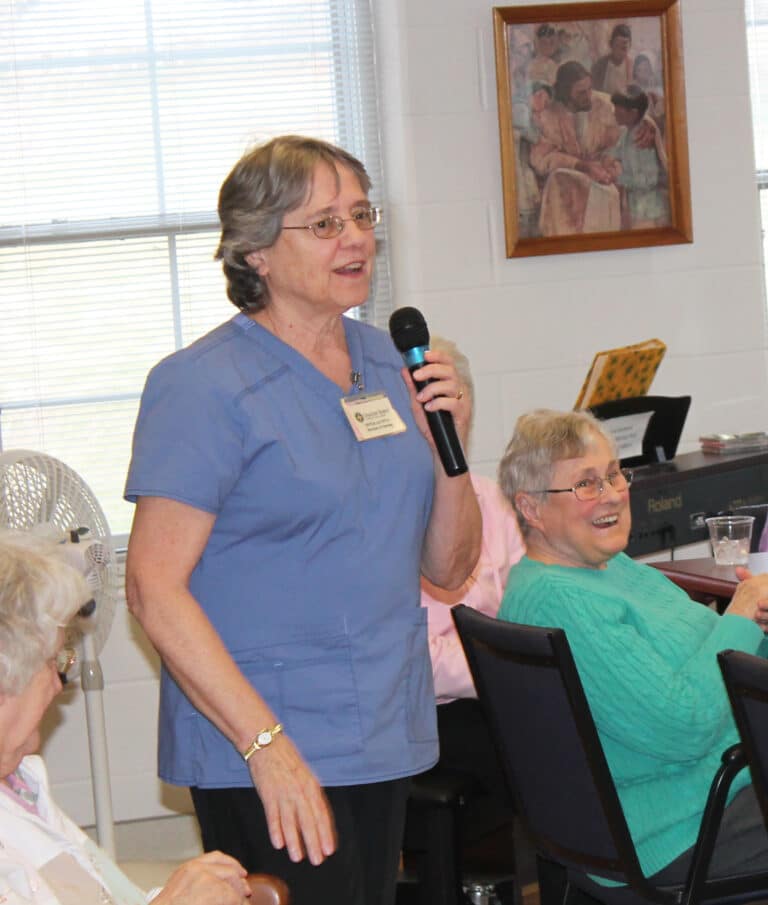 Sister Jacinta said, “I want to thank the Sisters and the staff, they support each other. As the staff tells new people, ‘this isn’t a nursing home, this is home.’” Sister Karla Kaelin smiles at right. Sister Jacinta said, “I want to thank the Sisters and the staff, they support each other. As the staff tells new people, ‘this isn’t a nursing home, this is home.’” Sister Karla Kaelin smiles at right.