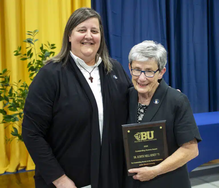 Sister Judith Nell, right, is congratulated by Sister Monica Seaton, who is a member of the Leadership Council. Sister Judith Nell, right, is congratulated by Sister Monica Seaton, who is a member of the Leadership Council.
