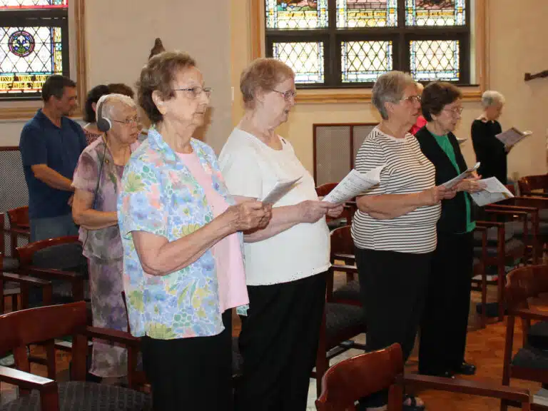 The community of Ursuline Sisters responded with Saint Angela’s words, “May the strength and true consolation of the Holy Spirit be with each of you so that you can maintain and carry out vigorously and faithfully the charge laid upon you. We beg God to enlighten, direct and teach you what you have to do for love of God in this task. Truly this is a great grace. Have hope and firm faith in God who will help you in everything, since without any doubt God has entrusted this work to you and will give you the strength necessary to accomplish it. Amen.” The Sisters here from left are Sisters Susan Mary Mudd, Helena Fischer, Betsy Moyer and Mary Henning. In the back is Sister Angela Fitzpatrick. The community of Ursuline Sisters responded with Saint Angela’s words, “May the strength and true consolation of the Holy Spirit be with each of you so that you can maintain and carry out vigorously and faithfully the charge laid upon you. We beg God to enlighten, direct and teach you what you have to do for love of God in this task. Truly this is a great grace. Have hope and firm faith in God who will help you in everything, since without any doubt God has entrusted this work to you and will give you the strength necessary to accomplish it. Amen.” The Sisters here from left are Sisters Susan Mary Mudd, Helena Fischer, Betsy Moyer and Mary Henning. In the back is Sister Angela Fitzpatrick.