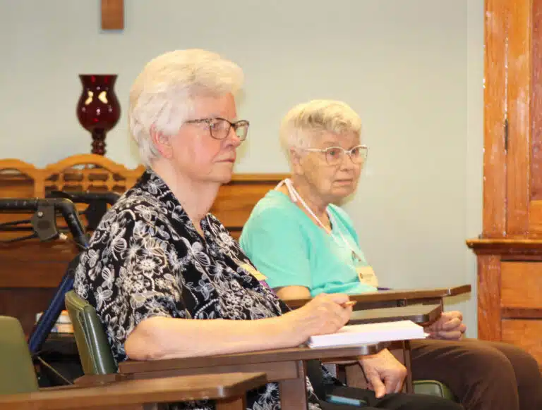 Sister Mary Timothy Bland, left, and Sister Jane Falke listen to Cackie Upchurch say that we often learn after the fact that God was seeking us. “We are often not paying attention in the moment. We don’t discipline ourselves to be in the moment.” Sister Mary Timothy Bland, left, and Sister Jane Falke listen to Cackie Upchurch say that we often learn after the fact that God was seeking us. “We are often not paying attention in the moment. We don’t discipline ourselves to be in the moment.”
