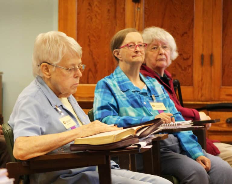 Sister Angela Fitzpatrick, left, Sister Rebecca White, center, and Sister Francis Louise Johnson hear Upchurch say, “Even in the present, our eyes are elsewhere. You hear what you are listening for.” Sister Angela Fitzpatrick, left, Sister Rebecca White, center, and Sister Francis Louise Johnson hear Upchurch say, “Even in the present, our eyes are elsewhere. You hear what you are listening for.”