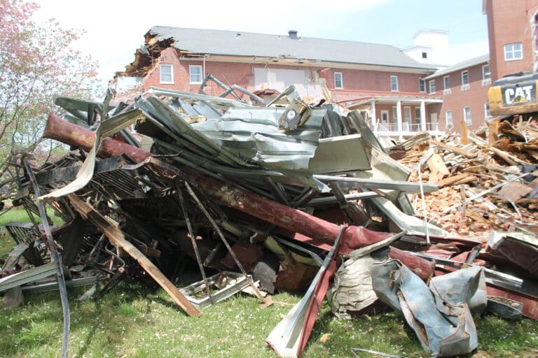 Metal was separated from the bricks and other debris for salvaging. Metal was separated from the bricks and other debris for salvaging.