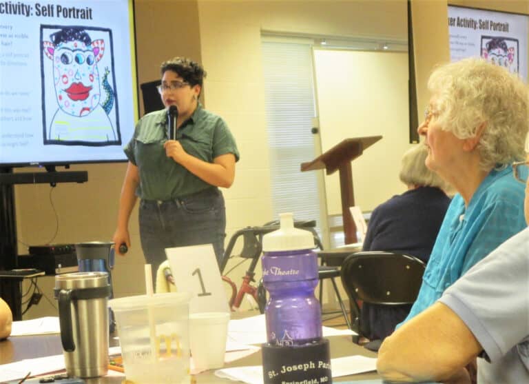 Jaklyn-Mahree Hill, executive director of the Owensboro Human Relations Commission, gives one of her presentations on July 13 as Sister Francis Louise Johnson looks on. Hill’s presentations were on “Unpacking Privilege and Bias” and “Understanding Cultural Competency.”