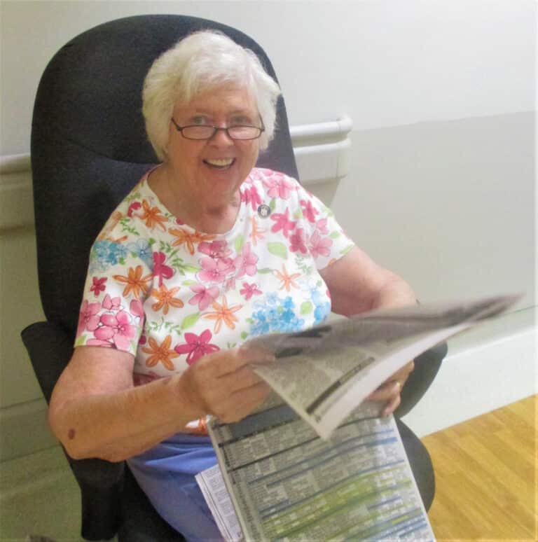 Sister Vivian Bowles finds something entertaining in the Messenger-Inquirer.