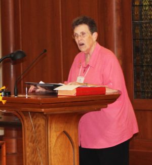 Sister Sharon Sullivan, congregational leader of the Ursuline Sisters, offers some remarks at the beginning of the commitment ceremony.